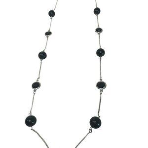 Silver Black Beaded Station Long Chain Necklace Elegant Minimalist